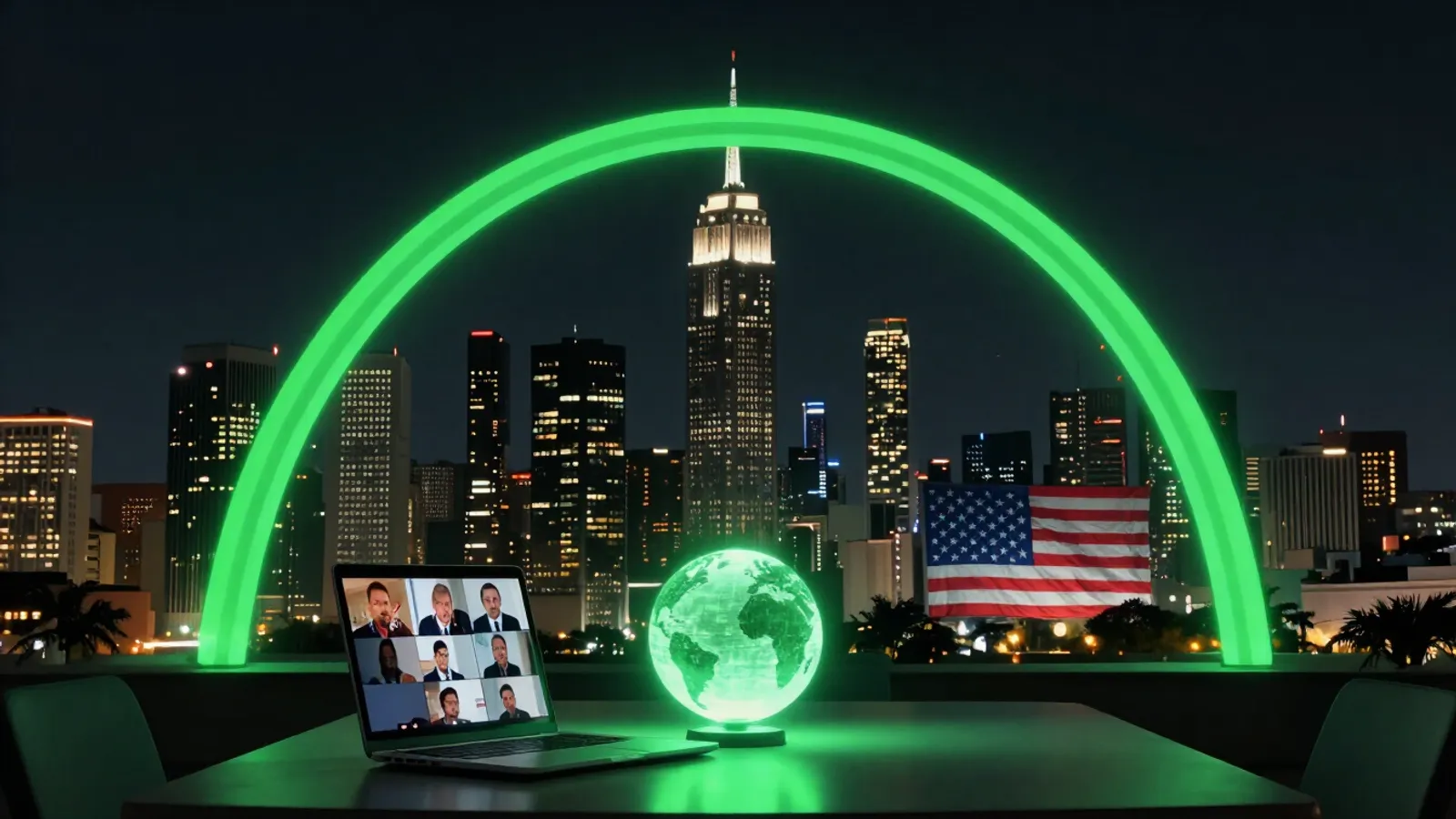 Two nighttime skylines joined by a green light arch toward a globe