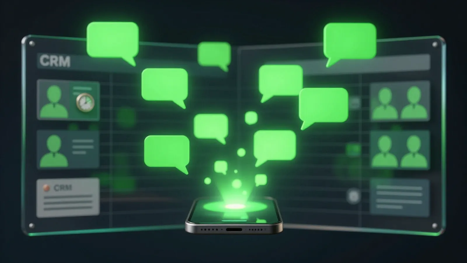 Generic chat bubbles flowing toward a glass CRM board with columns and cards