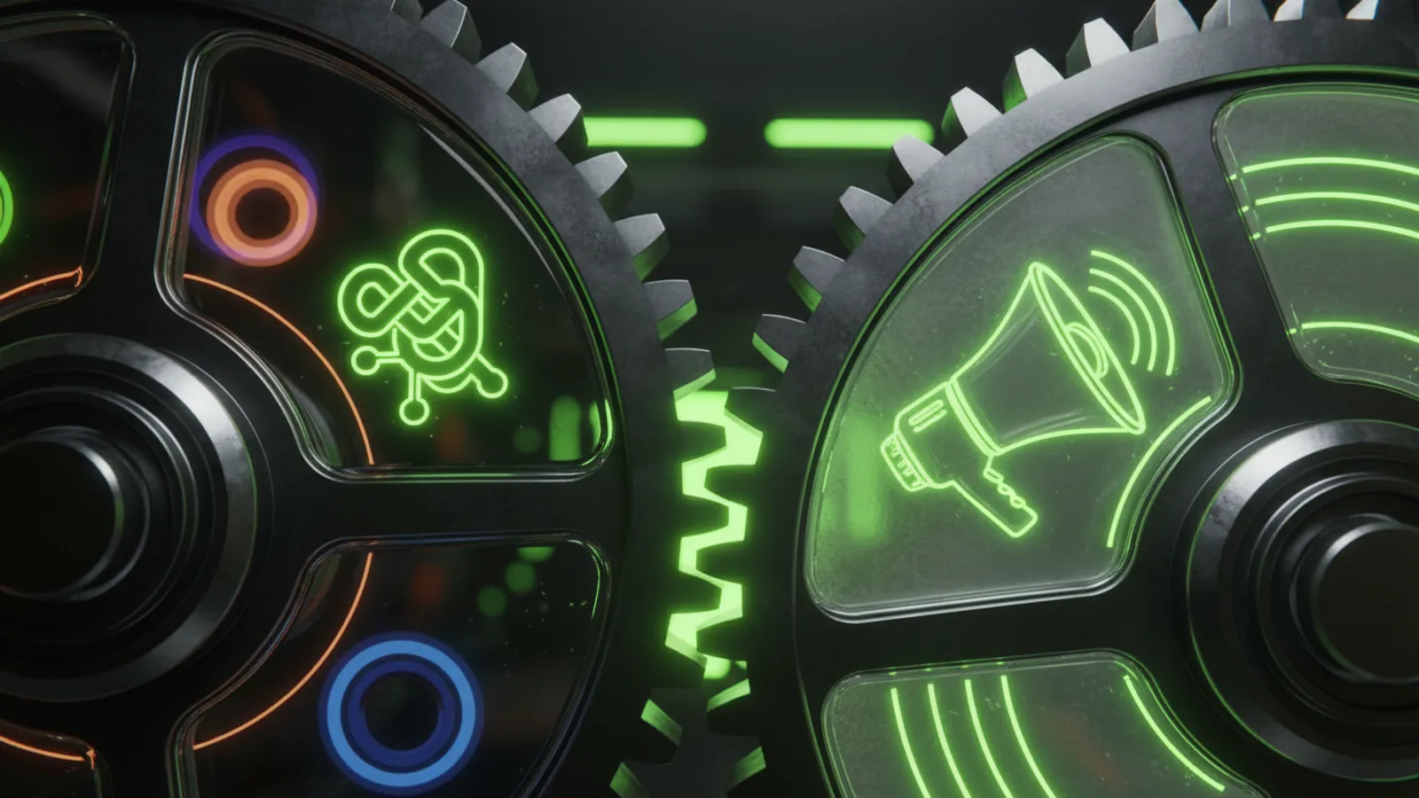 Two interlocking gears of identity and marketing with the junction glowing green