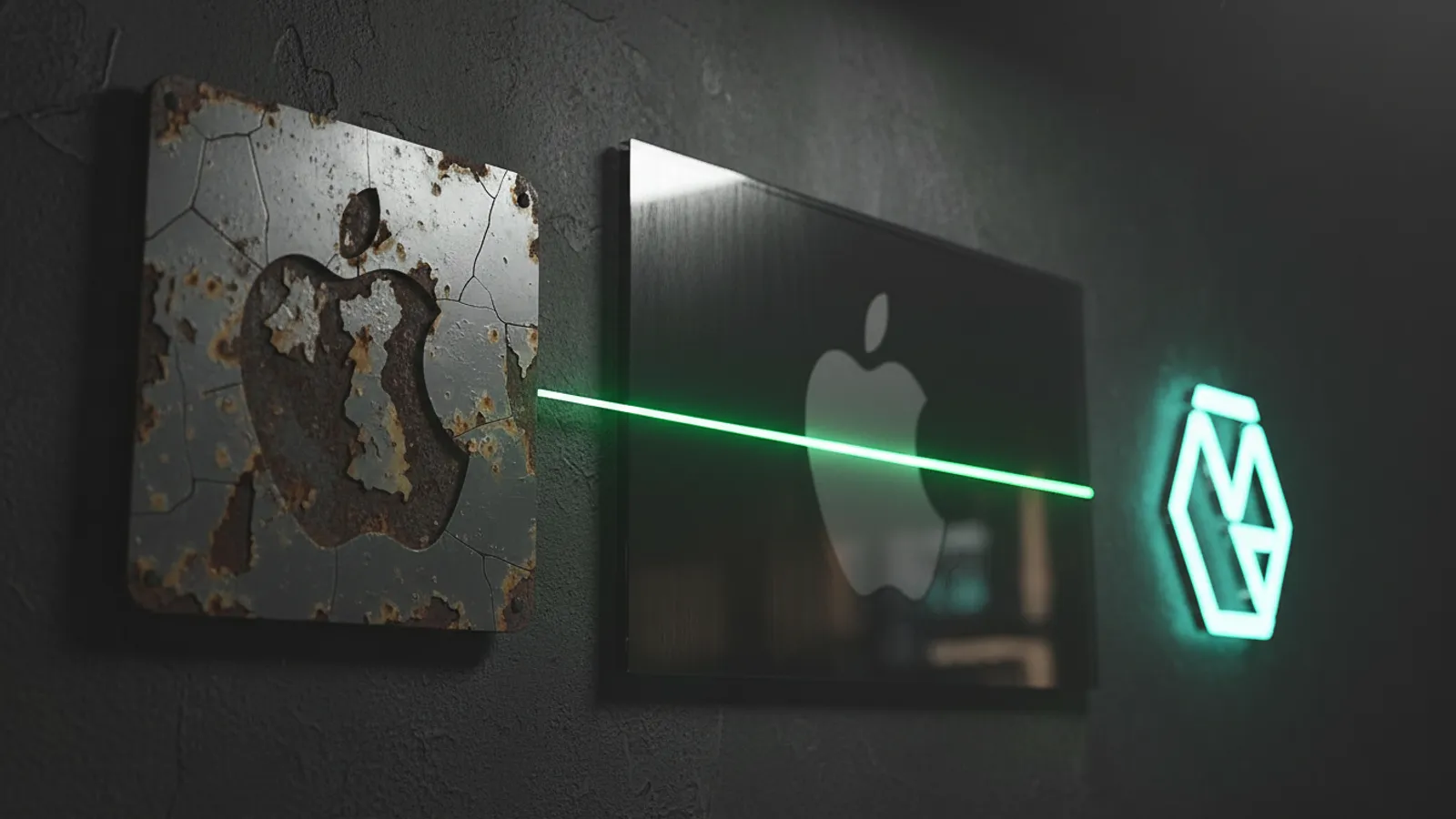 Old cracked brand sign next to its renewed version reflected in glass