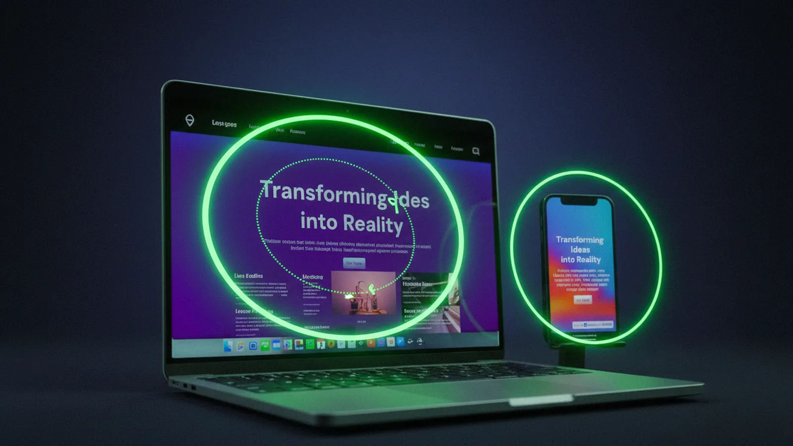 Laptop with a luminous stopwatch ring and a gaze trace over the website