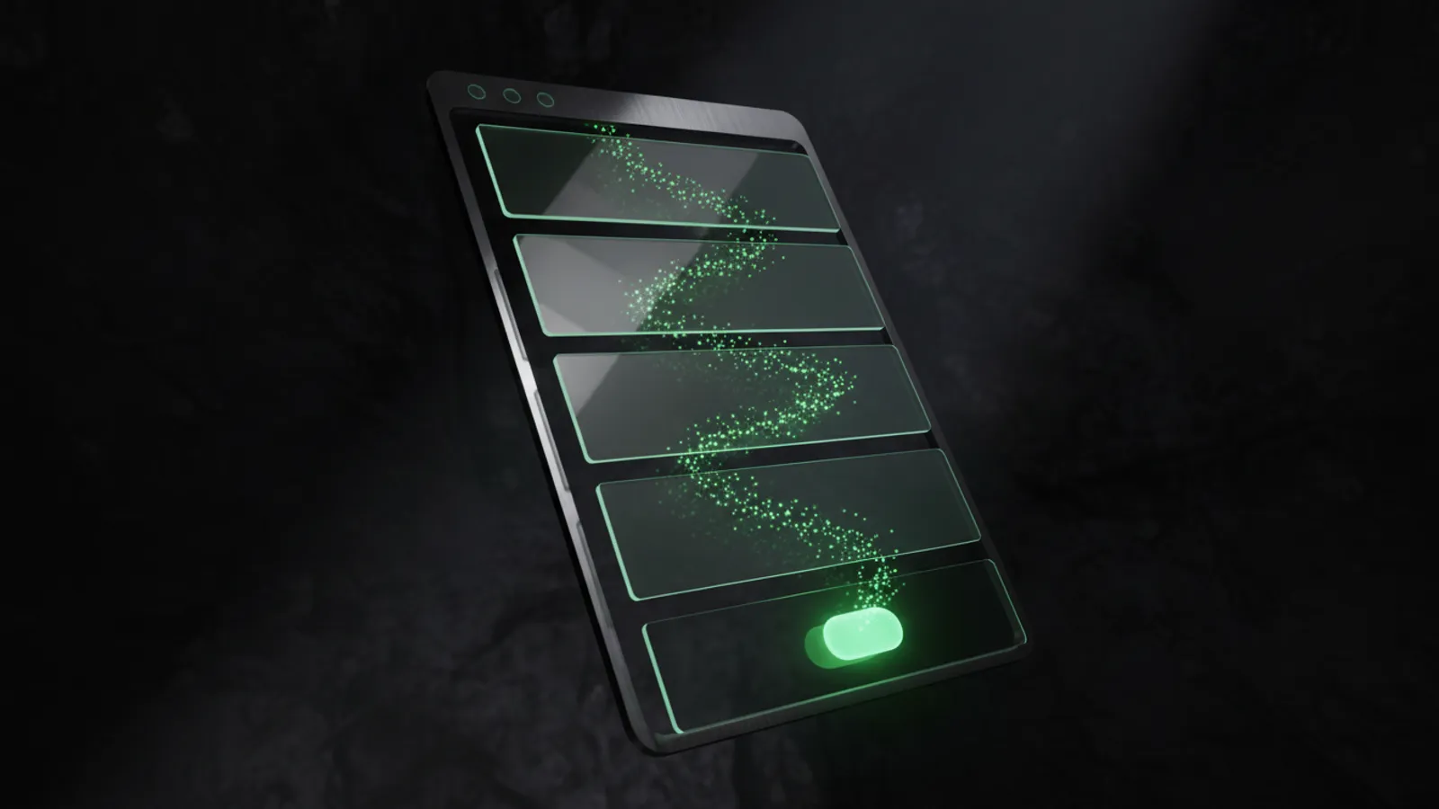 Glass website layout traversed by light dots ending at a green button