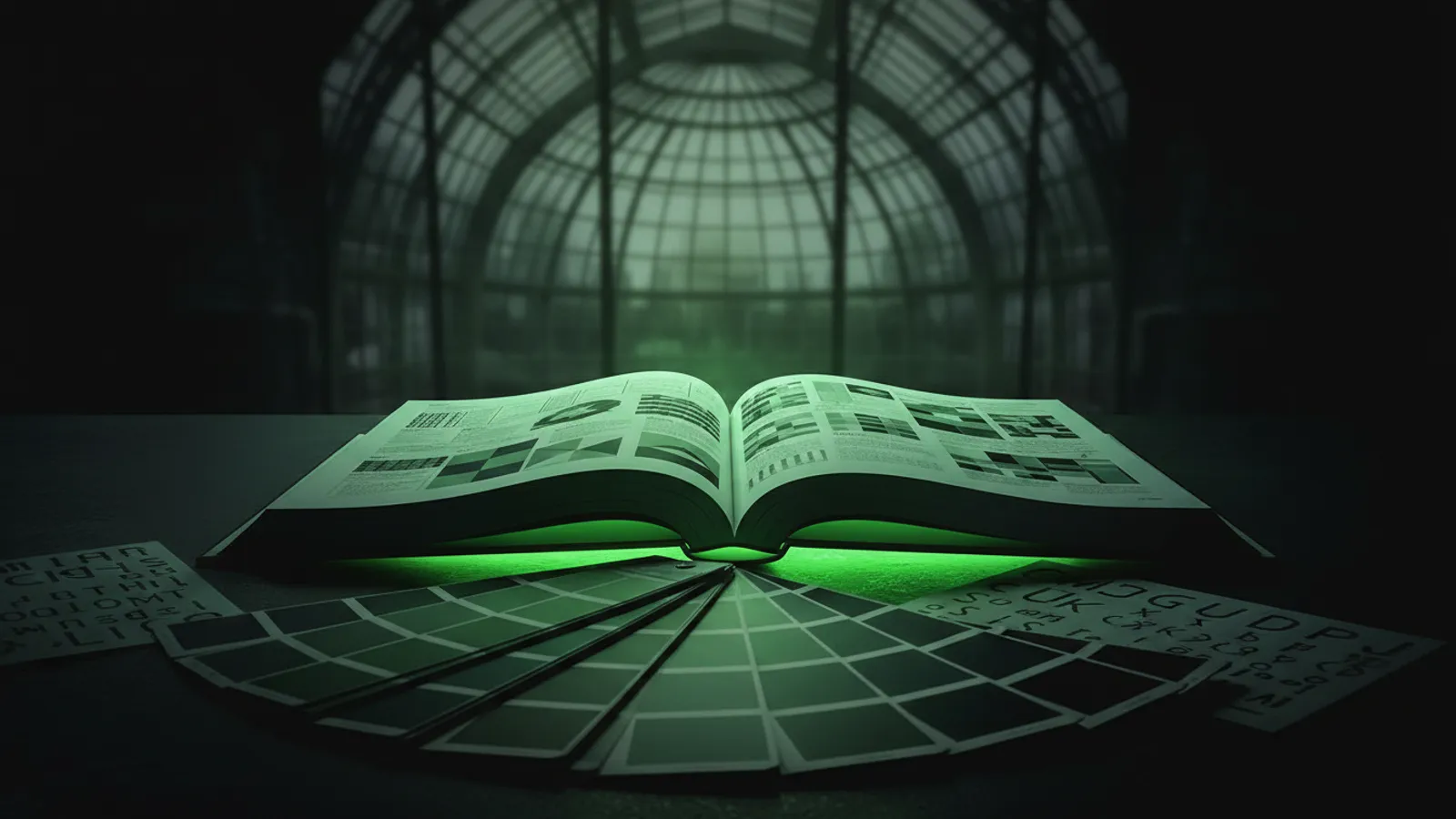 Open brand manual with color samples and a light aura reflected in a glass vault