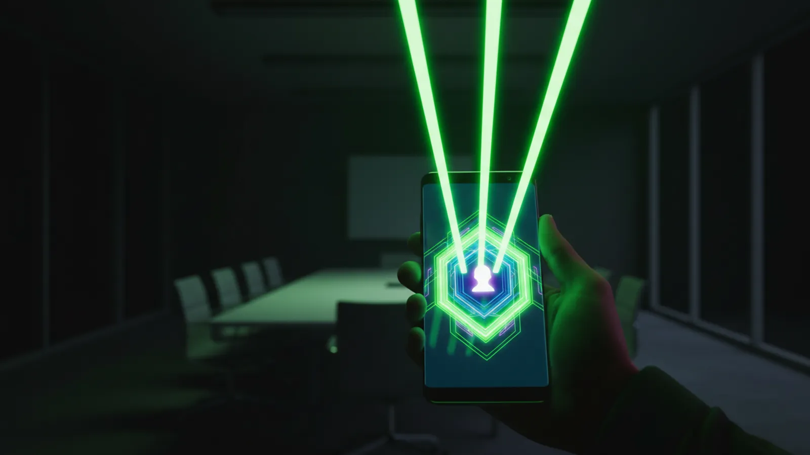 Hand holding a phone with a premium brand profile and four light beams toward a room