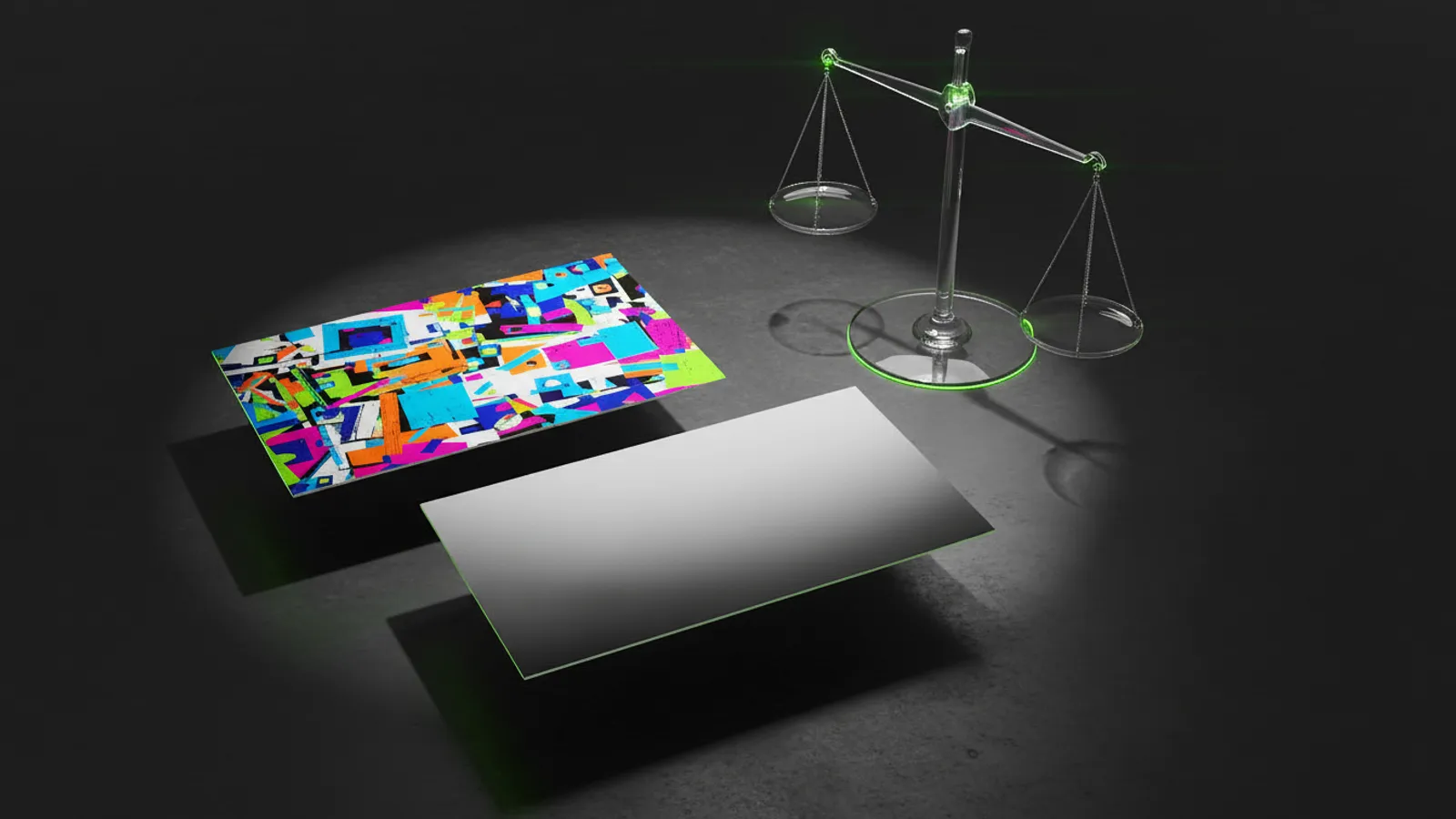 Two contrasting business cards with a glass balance scale between them