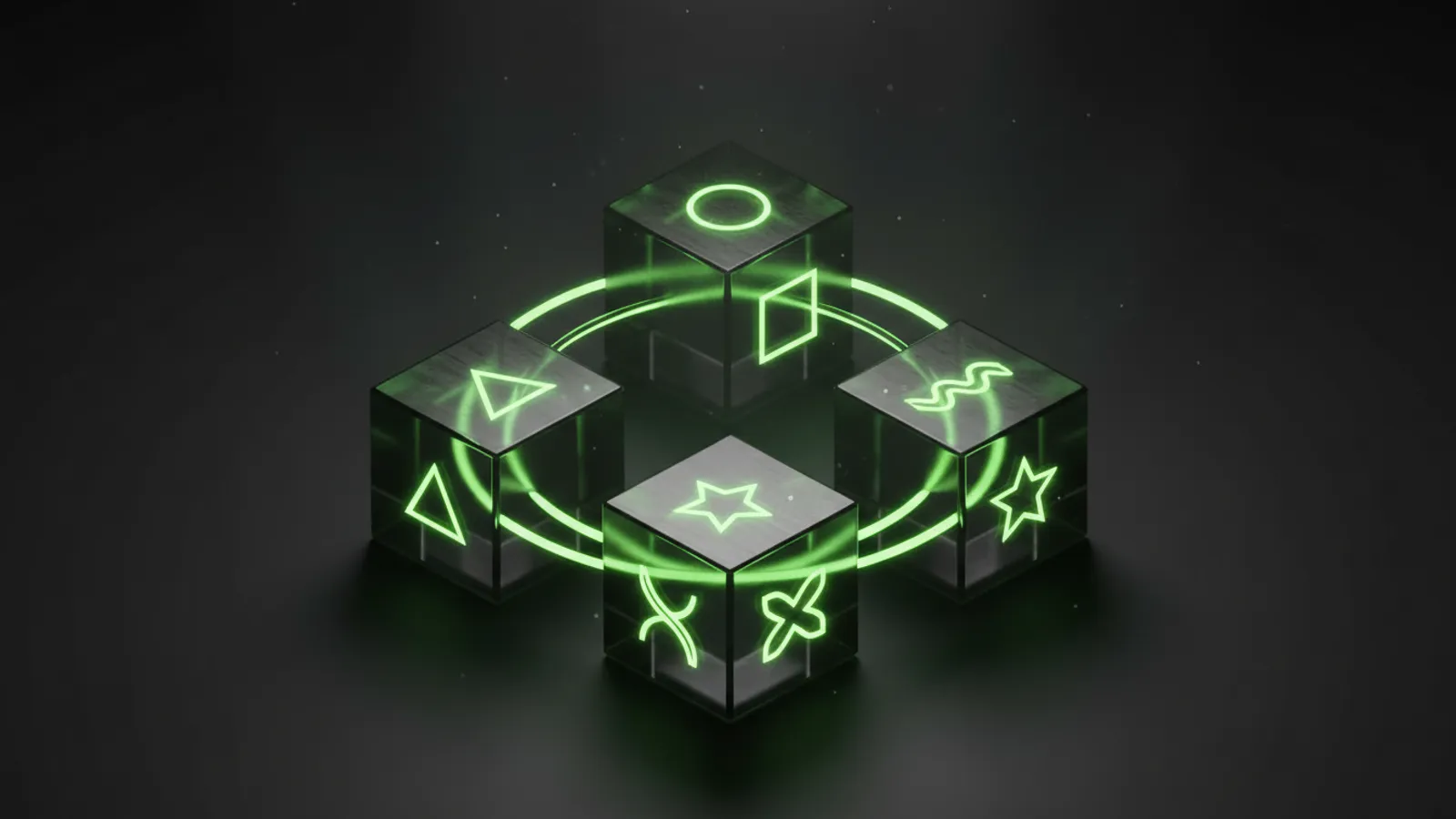 Six glass blocks connected by green light conduits forming an integrated system