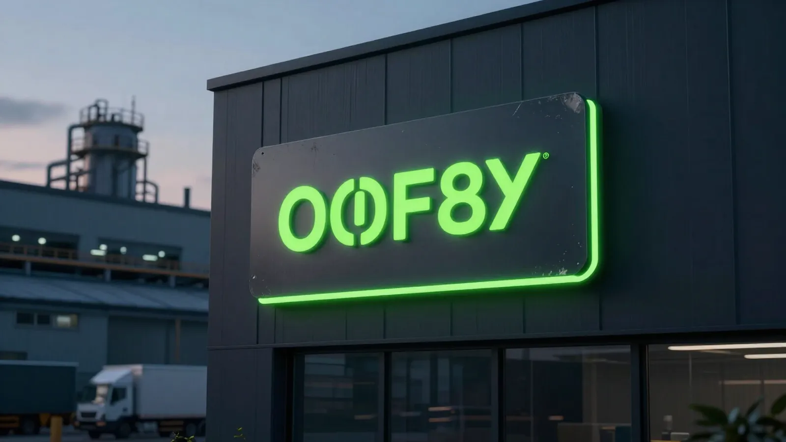 Industrial plant facade with a renewed brand sign and a green light line