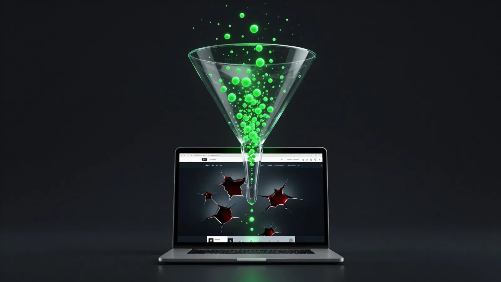 Leaking glass funnel representing a website that loses leads