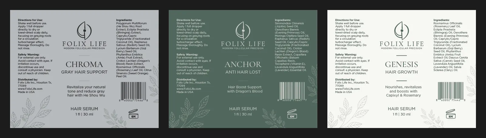 Folix Life Chroma, Genesis and Anchor product labels