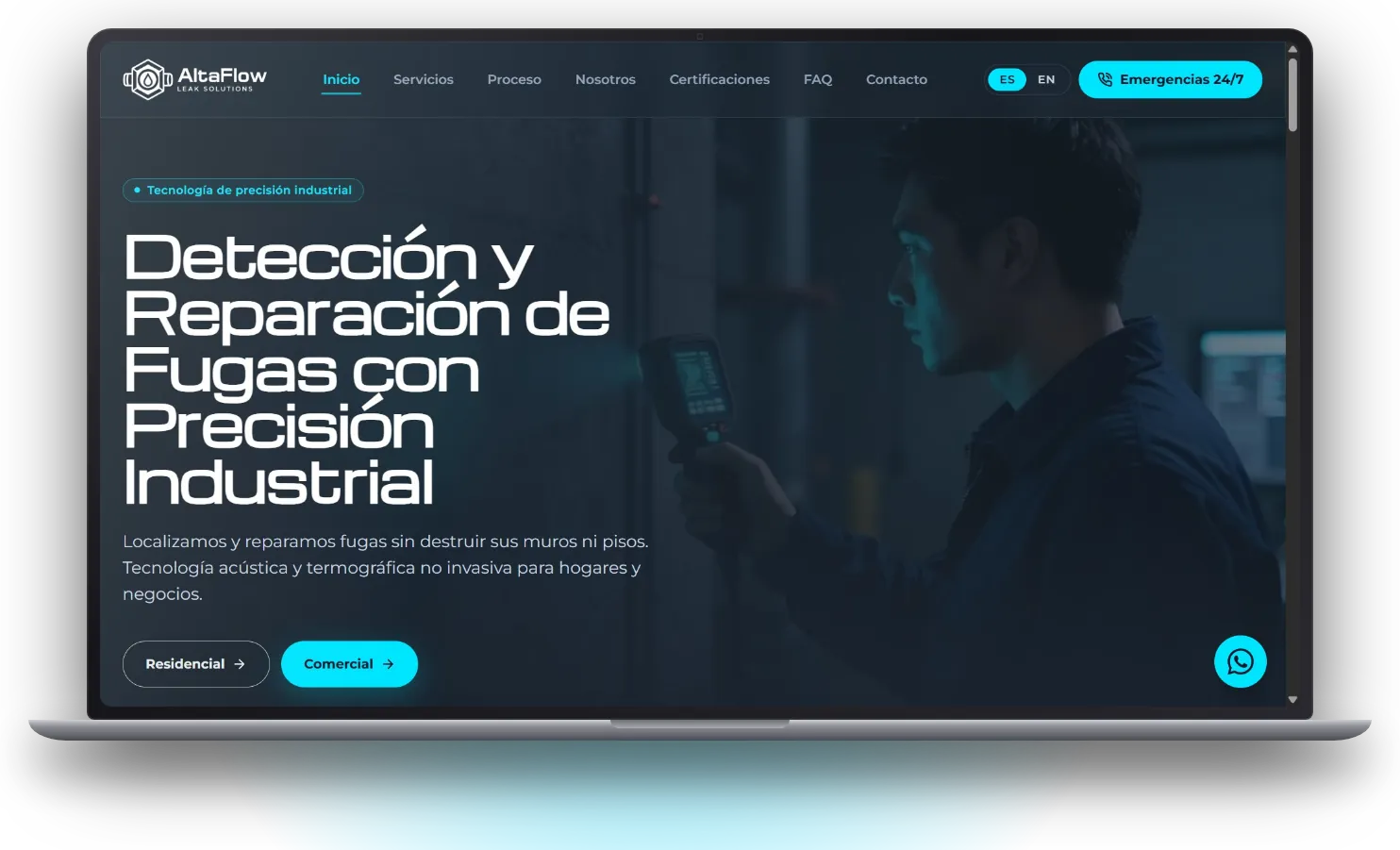 Sitio web bilingüe de AltaFlow en una laptop